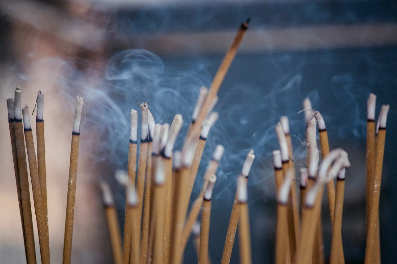 Various types of smoldering aroma sticks with smoke on stand in cozy apartment